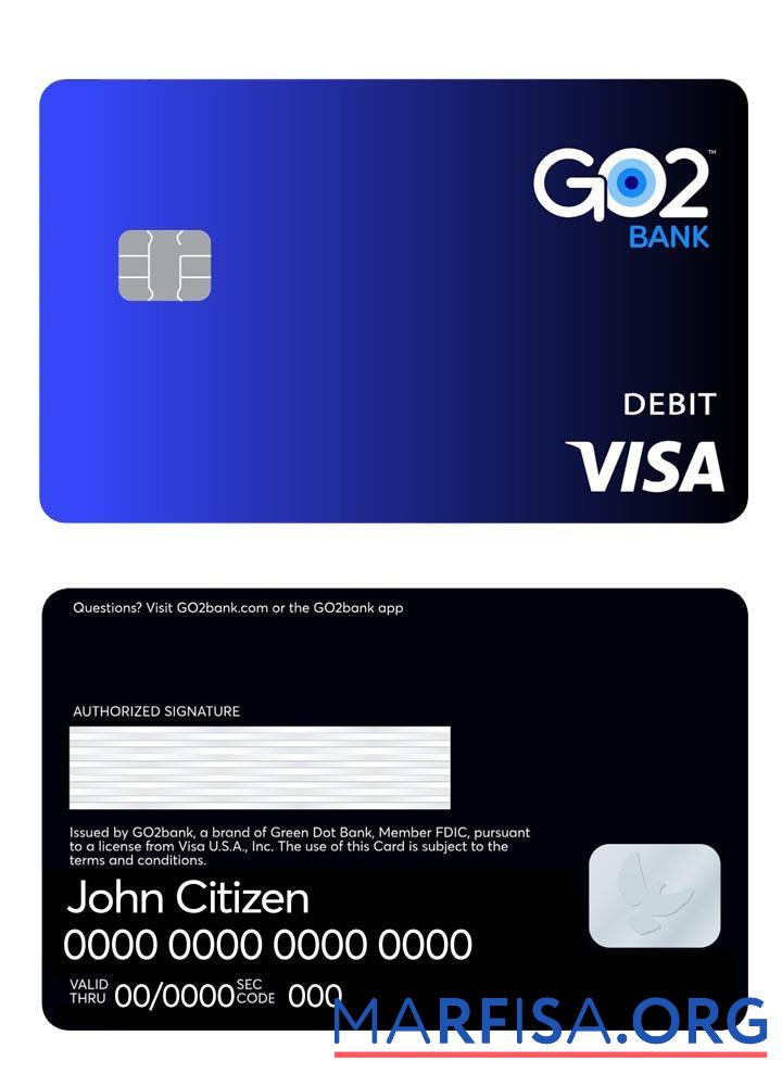 Downloadable GO2 bank visa debit card example